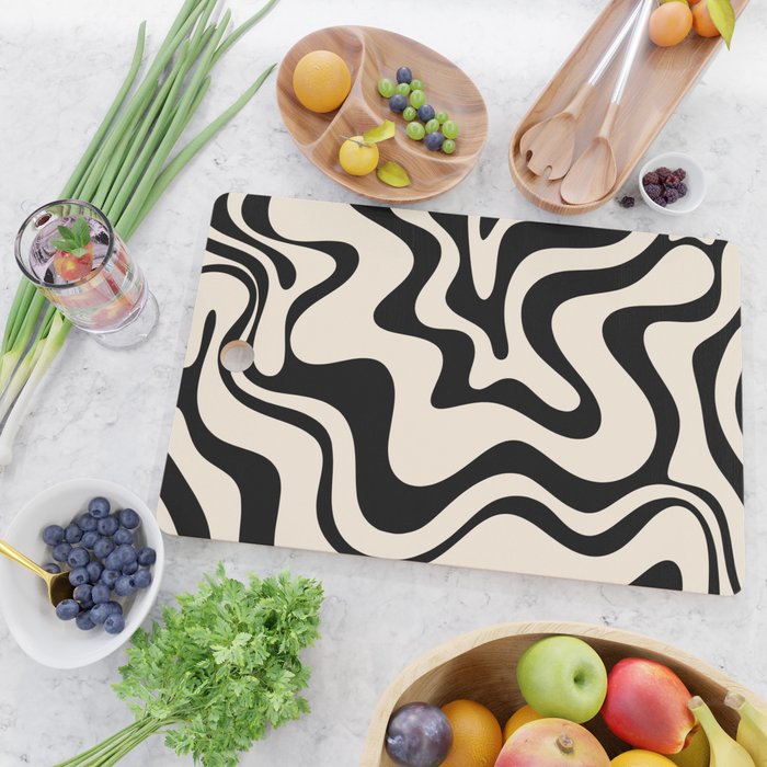Retro Liquid Swirl Abstract Pattern Black and Almond Cream Cutting Board Gallery Image 2