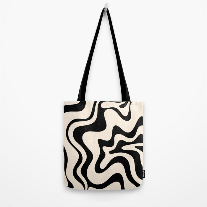 Retro Liquid Swirl Abstract Pattern Black and Almond Cream Tote Bag Gallery Image 2