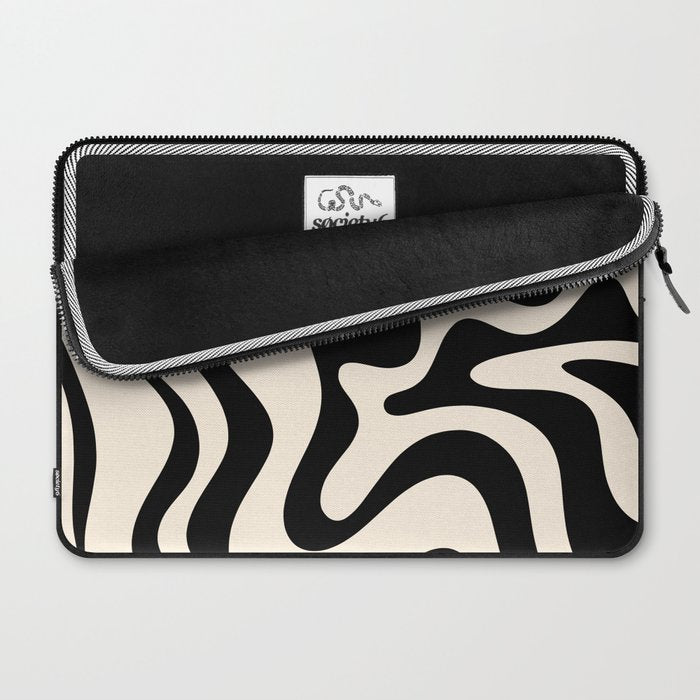Retro Liquid Swirl Abstract Pattern Black and Almond Cream Laptop Sleeve Gallery Image 2