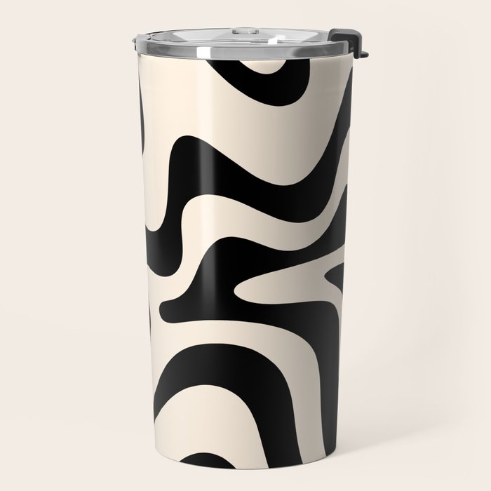 Retro Liquid Swirl Abstract Pattern Black and Almond Cream Travel Mug Gallery Image 2