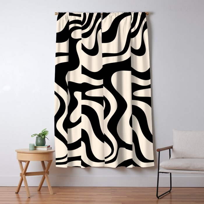 Retro Liquid Swirl Abstract Pattern Black and Almond Cream Window Curtain Gallery Image 1