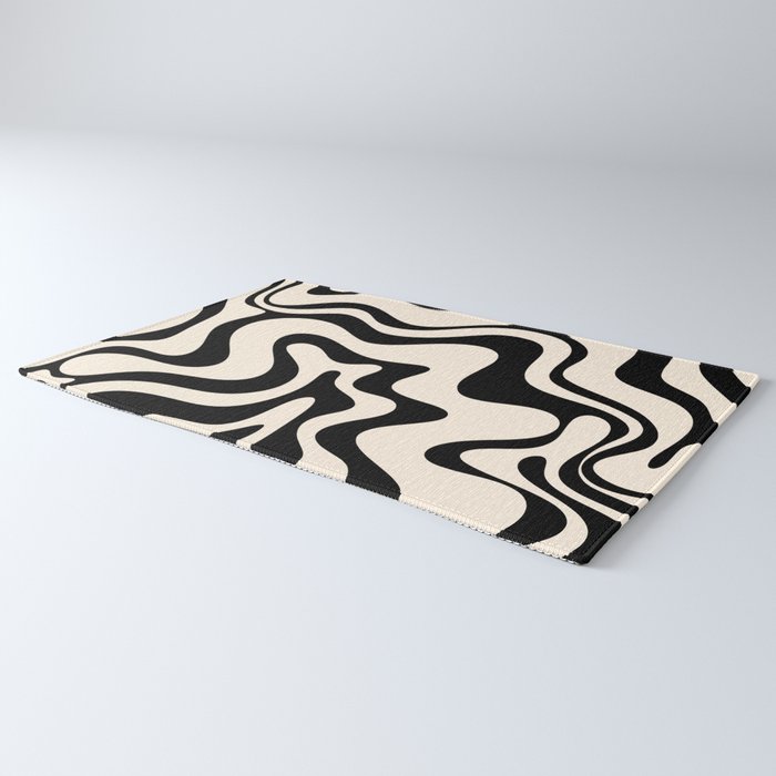 Retro Liquid Swirl Abstract Pattern Black and Almond Cream Rug Gallery Image 3
