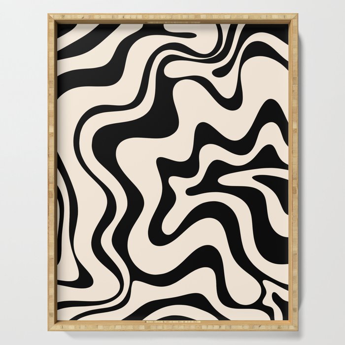 Retro Liquid Swirl Abstract Pattern Black and Almond Cream Serving Tray Gallery Image 1