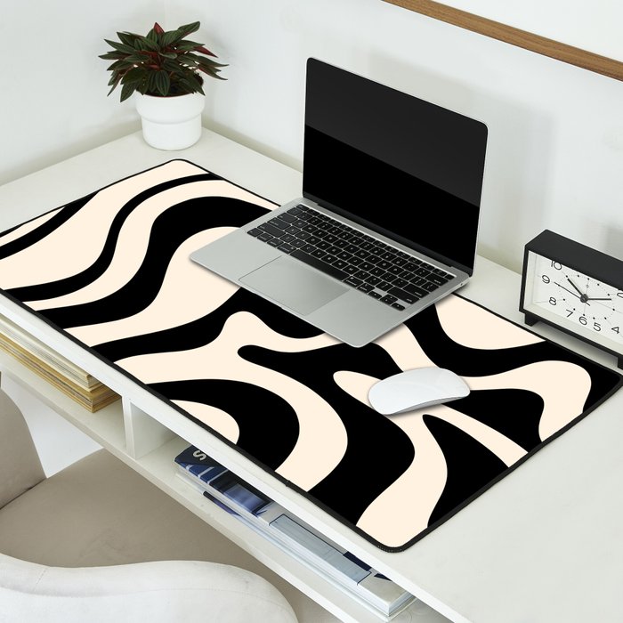 Retro Liquid Swirl Abstract Pattern Black and Almond Cream Desk Mat Gallery Image 2