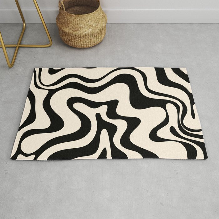 Retro Liquid Swirl Abstract Pattern Black and Almond Cream Rug Gallery Image 1