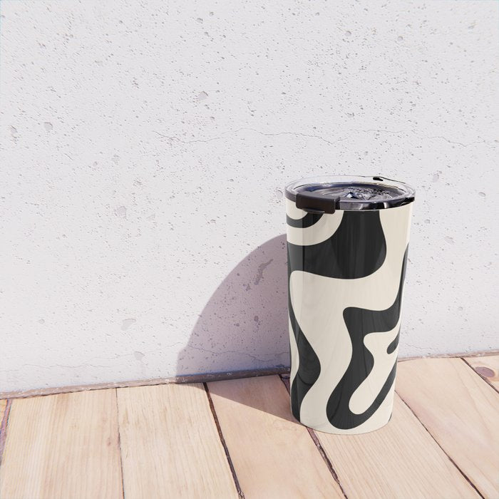 Retro Liquid Swirl Abstract Pattern Black and Almond Cream Travel Mug Gallery Image 4