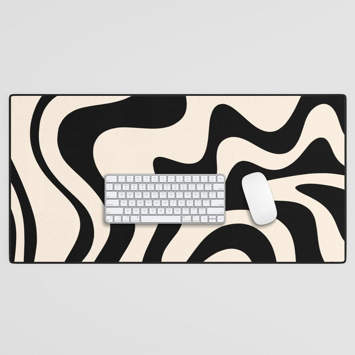 Retro Liquid Swirl Abstract Pattern Black and Almond Cream Desk Mat Gallery Image 1