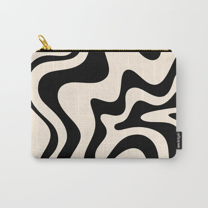 Retro Liquid Swirl Abstract Pattern Black and Almond Cream Carry All Pouch Gallery Image 1