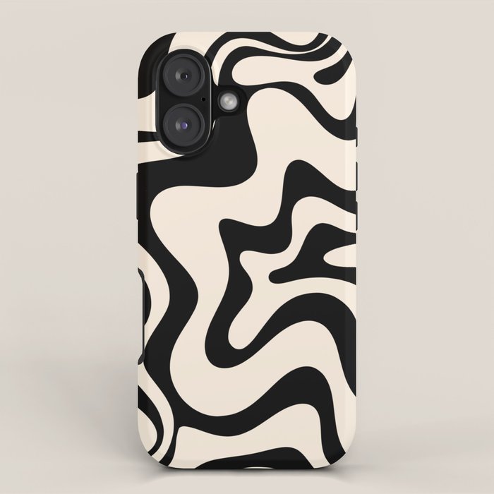 Retro Liquid Swirl Abstract Pattern Black and Almond Cream iPhone Case Gallery Image 1