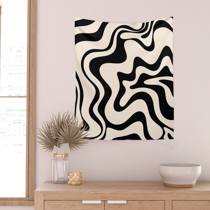 Retro Liquid Swirl Abstract Pattern Black and Almond Cream Wall Tapestry Gallery Image 2