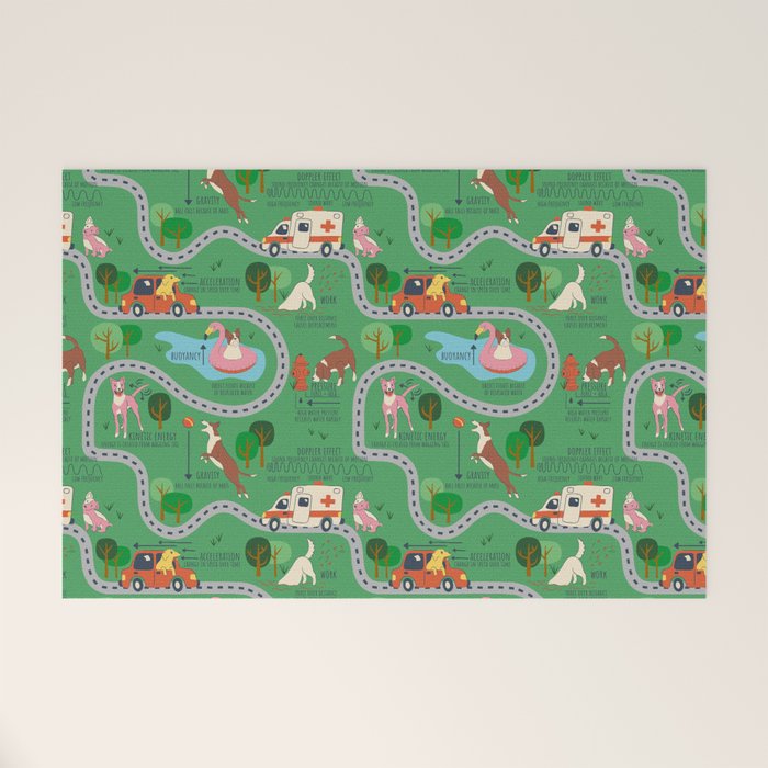 Fursics Cute Dog Park Physics Learning Pattern by Carrie Cantwell Educational STEM Playmat Design Welcome Mat Gallery Image 1