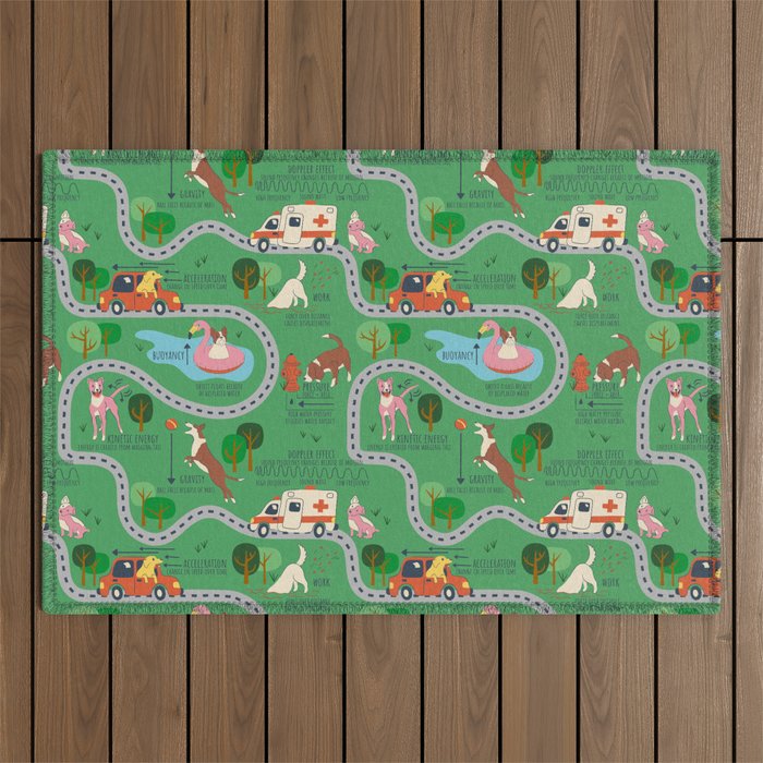 Fursics Cute Dog Park Physics Learning Pattern by Carrie Cantwell Educational STEM Playmat Design Outdoor Rug Gallery Image 1