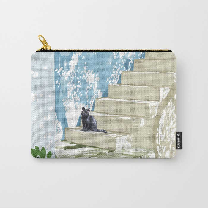 Black cat on the steps Poster, Greece Santorini summer travel pet painting Carry All Pouch Gallery Image 1