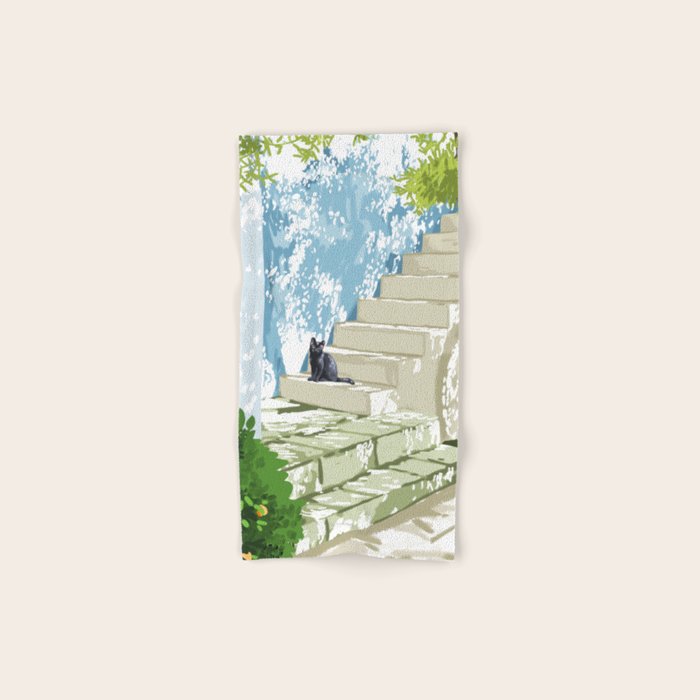 Black cat on the steps Poster, Greece Santorini summer travel pet painting Bath Towel Gallery Image 1