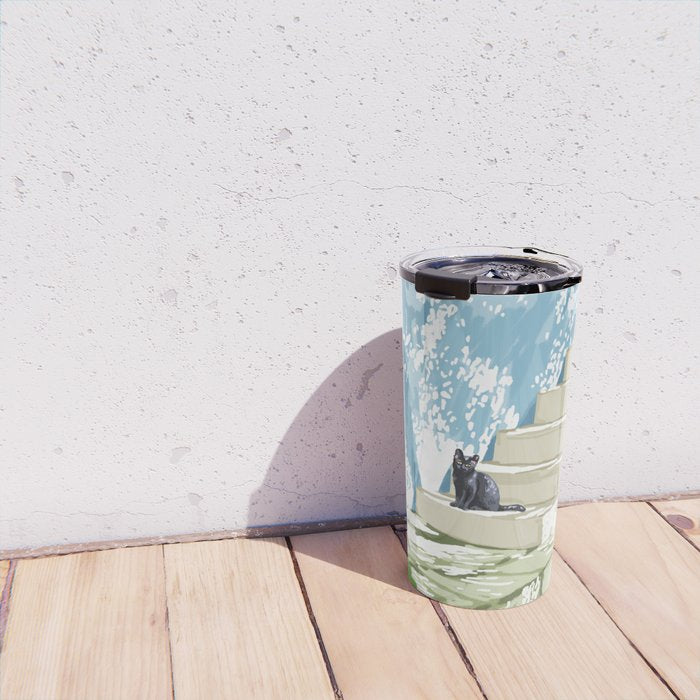 Black cat on the steps Poster, Greece Santorini summer travel pet painting Travel Mug Gallery Image 4