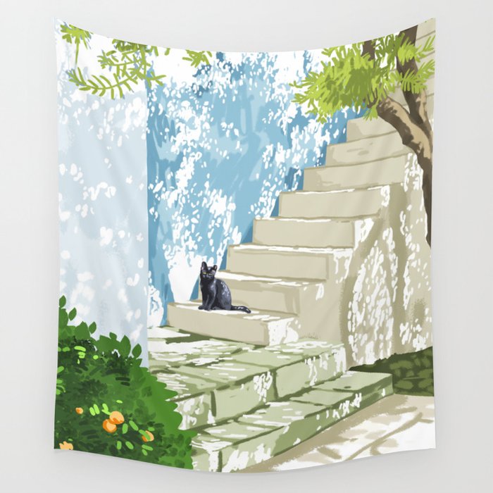 Black cat on the steps Poster, Greece Santorini summer travel pet painting Wall Tapestry Gallery Image 4
