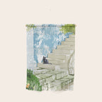 Black cat on the steps Poster, Greece Santorini summer travel pet painting Wall Hanging Gallery Image 1