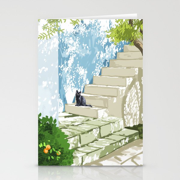 Black cat on the steps Poster, Greece Santorini summer travel pet painting Stationery Card Gallery Image 1