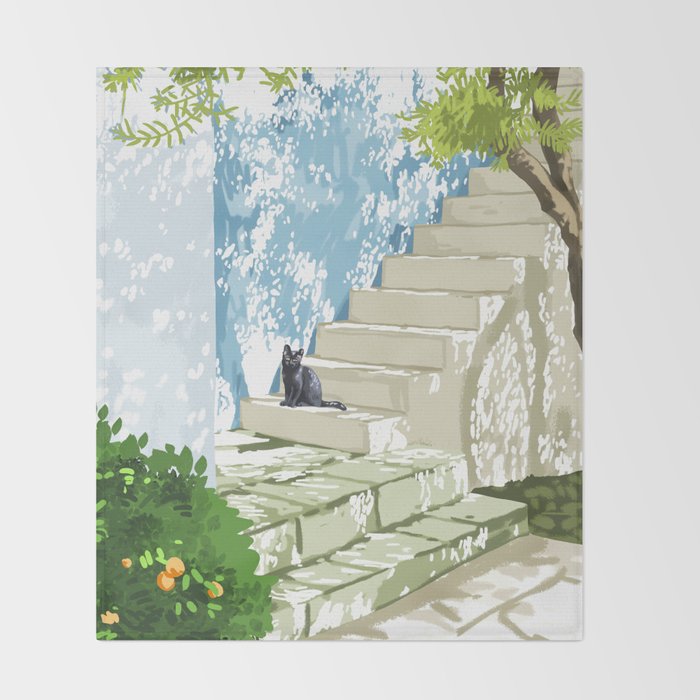 Black cat on the steps Poster, Greece Santorini summer travel pet painting Throw Blanket Gallery Image 2