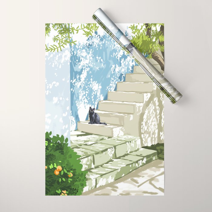 Black cat on the steps Poster, Greece Santorini summer travel pet painting Wrapping Paper Gallery Image 1