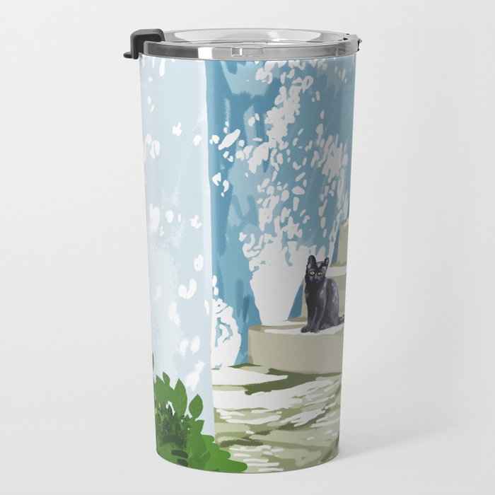 Black cat on the steps Poster, Greece Santorini summer travel pet painting Travel Mug Gallery Image 3