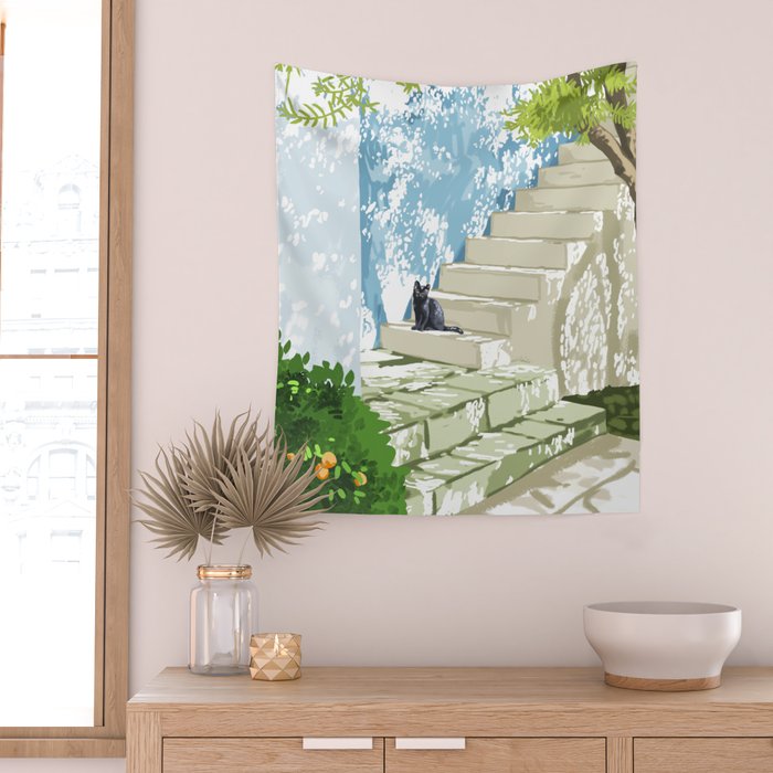 Black cat on the steps Poster, Greece Santorini summer travel pet painting Wall Tapestry Gallery Image 2