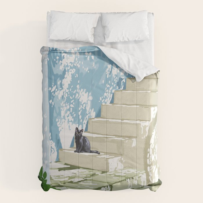 Black cat on the steps Poster, Greece Santorini summer travel pet painting Comforter Gallery Image 1