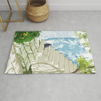 Black cat on the steps Poster, Greece Santorini summer travel pet painting Rug Gallery Image 1