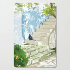 Black cat on the steps Poster, Greece Santorini summer travel pet painting Cutting Board Gallery Image 1