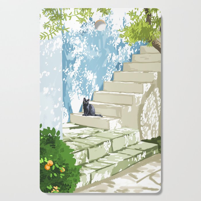 Black cat on the steps Poster, Greece Santorini summer travel pet painting Cutting Board Gallery Image 1