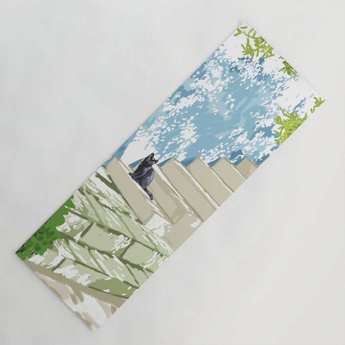 Black cat on the steps Poster, Greece Santorini summer travel pet painting Yoga Mat Gallery Image 1