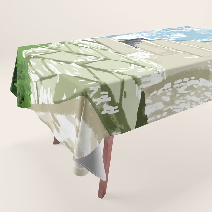 Black cat on the steps Poster, Greece Santorini summer travel pet painting Tablecloth