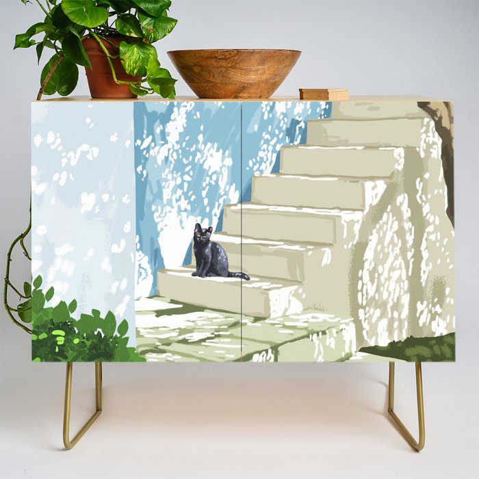 Black cat on the steps Poster, Greece Santorini summer travel pet painting Credenza Gallery Image 1