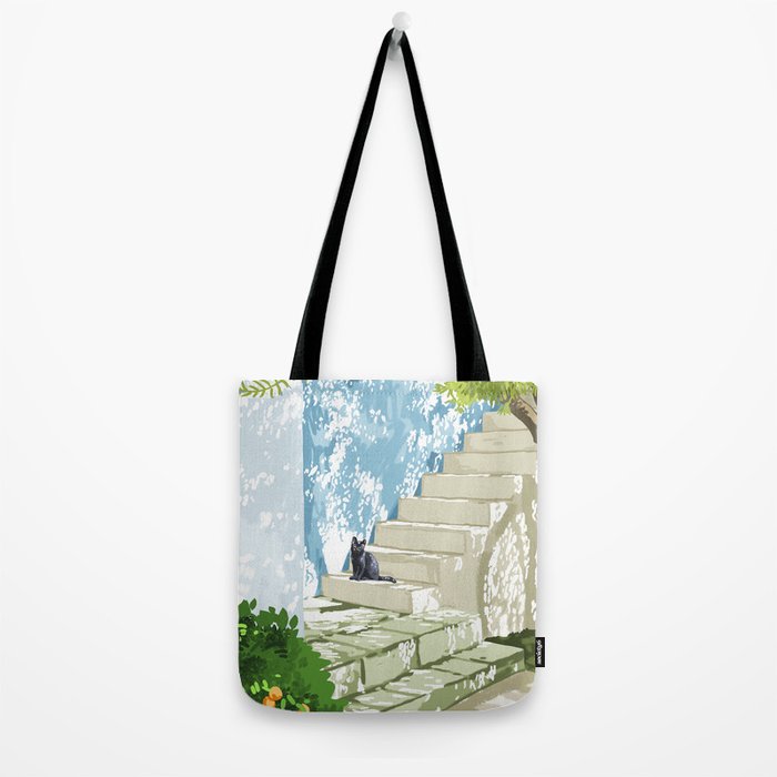 Black cat on the steps Poster, Greece Santorini summer travel pet painting Tote Bag Gallery Image 2