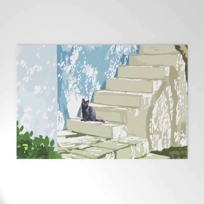 Black cat on the steps Poster, Greece Santorini summer travel pet painting Welcome Mat Gallery Image 1