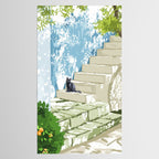 Black cat on the steps Poster, Greece Santorini summer travel pet painting Tablecloth Gallery Image 2