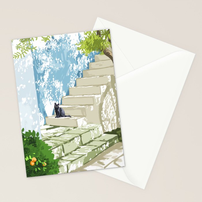 Black cat on the steps Poster, Greece Santorini summer travel pet painting Stationery Card Gallery Image 2
