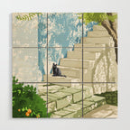 Black cat on the steps Poster, Greece Santorini summer travel pet painting Wood Wall Art Gallery Image 1