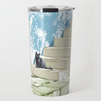 Black cat on the steps Poster, Greece Santorini summer travel pet painting Travel Mug Gallery Image 1