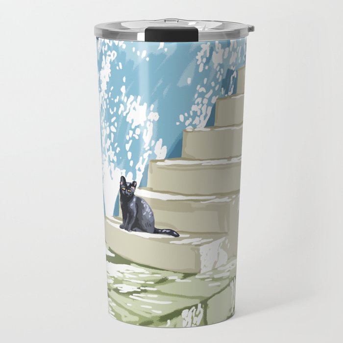 Black cat on the steps Poster, Greece Santorini summer travel pet painting Travel Mug Gallery Image 1