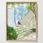 Black cat on the steps Poster, Greece Santorini summer travel pet painting Serving Tray Gallery Image 1