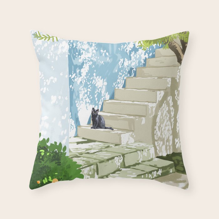 Black cat on the steps Poster, Greece Santorini summer travel pet painting Throw Pillow Gallery Image 1