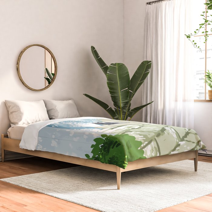 Black cat on the steps Poster, Greece Santorini summer travel pet painting Comforter Gallery Image 2