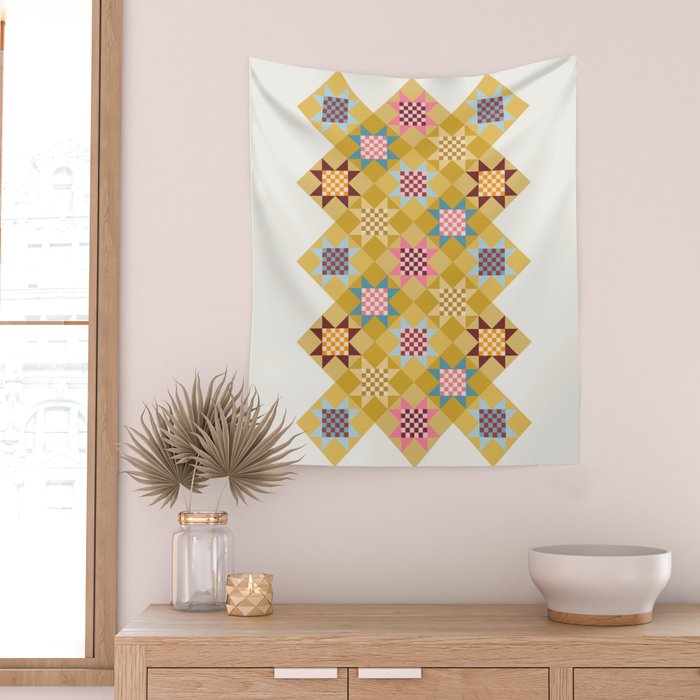 Checkerboard Quilt Shapes - Multicolor Gold Wall Tapestry Gallery Image 2