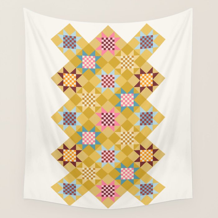Checkerboard Quilt Shapes - Multicolor Gold Wall Tapestry Gallery Image 1