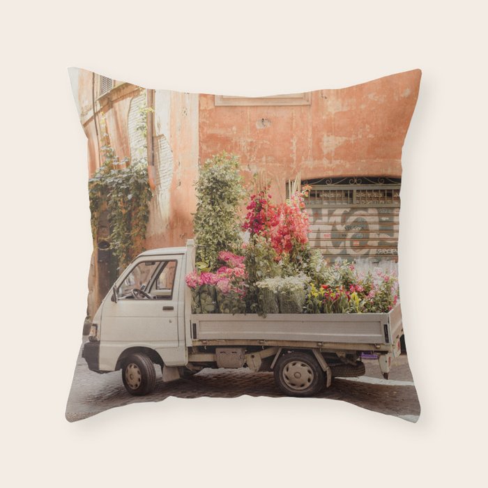 Rome cute van with lots of flowers | Roma street | Travel photography Throw Pillow Gallery Image 6