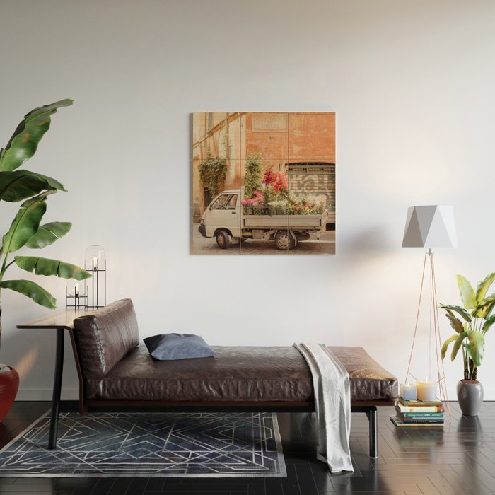 Rome cute van with lots of flowers | Roma street | Travel photography Wood Wall Art Gallery Image 2