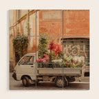 Rome cute van with lots of flowers | Roma street | Travel photography Wood Wall Art Gallery Image 1