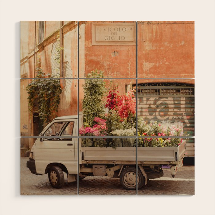 Rome cute van with lots of flowers | Roma street | Travel photography Wood Wall Art Gallery Image 1