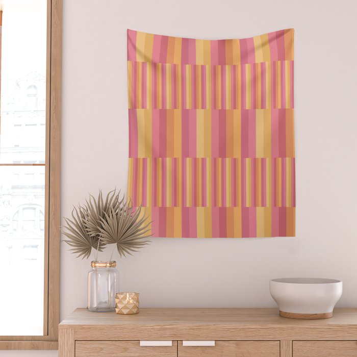 Mixed Stripes Pattern V Pink Yellow Orange Wall Tapestry Gallery Image 2